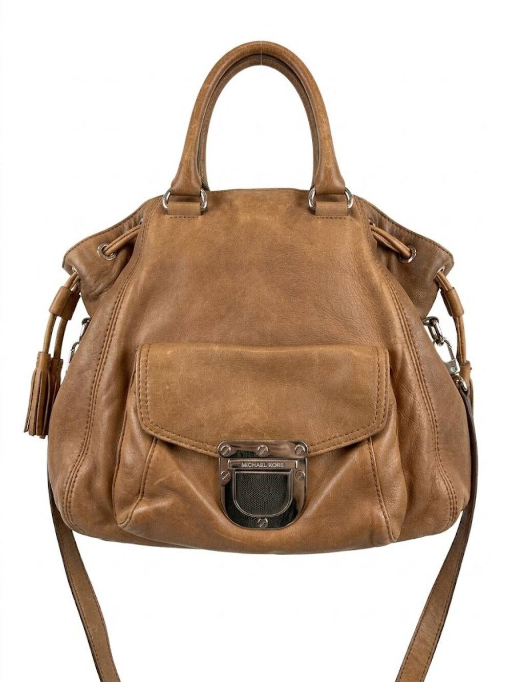 Michael Kors Tan Leather Shoulder Satchel Bag, Front Flap with Crossbody Strap